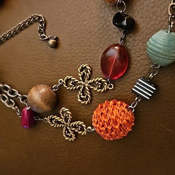 CHICO'S Bronze Whimsical Multicolor Rainbow Artsy Beaded Chain Necklace - Picture 3 of 8